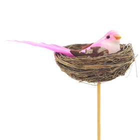 Vogel op nest 6cm op 50cm stok roze