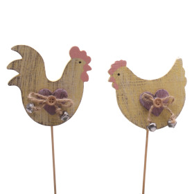 Henne und Hahn gemischt 7,5cm auf 50cm Stick gelb