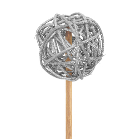 Rattan Ball with glitter 5cm on 50cm stick silver