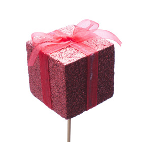 Glitter Present with bow 5cm on 45cm stick red