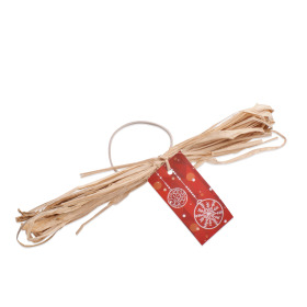 Raffia bow 20cm on white rubber band with label 9x3.5cm
