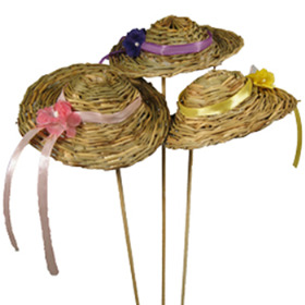 Straw Hat on 20in stick lilac/pink/yellow ribbons assorted