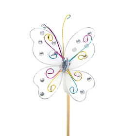 Vlinder Oriënt 7cm op 15cm stok wit/fullcolor