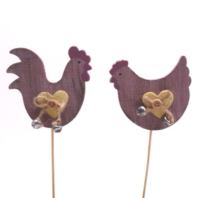 Chicken and Rooster mixed 7.5cm on 10cm stick pink