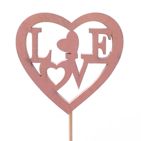 Wooden Heart Love 8cm on 50cm stick pink