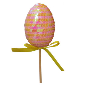 Paillette Egg 2.75in on 20in stick yellow/pink