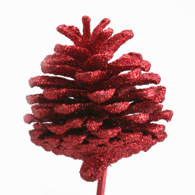 Christmas Pinecone Glitter 6-8cm on 50cm stick red