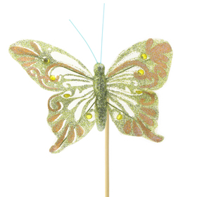 Papillon Noëlle avec paillettes 14cm sur pique 50cm vert