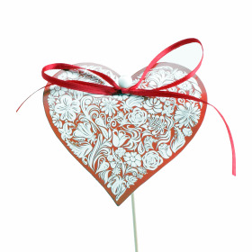Lace Heart Card 8cm with bow on 50cm stick red