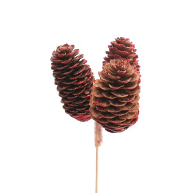 Spruce cones x3 on 50cm stick red