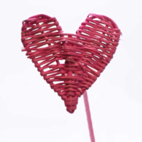 Rattan/Lata Heart 8cm on 15cm stick pink