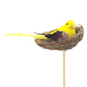 Vogel op nest 6cm op 50cm stok geel