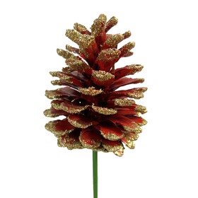 Xmas Pinecone 2.75in on 20in stick red/gold glitter