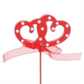 Wooden Heart Double Love 7x4cm on 28cm stick red