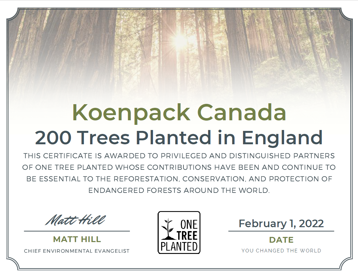 Certificate One Tree Planted England