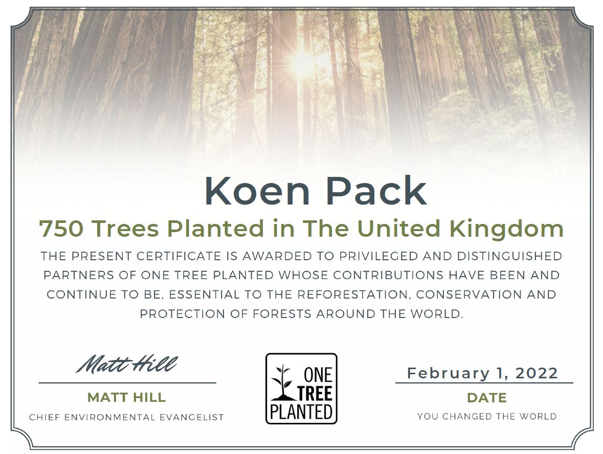 Certificate One Tree Planted UK