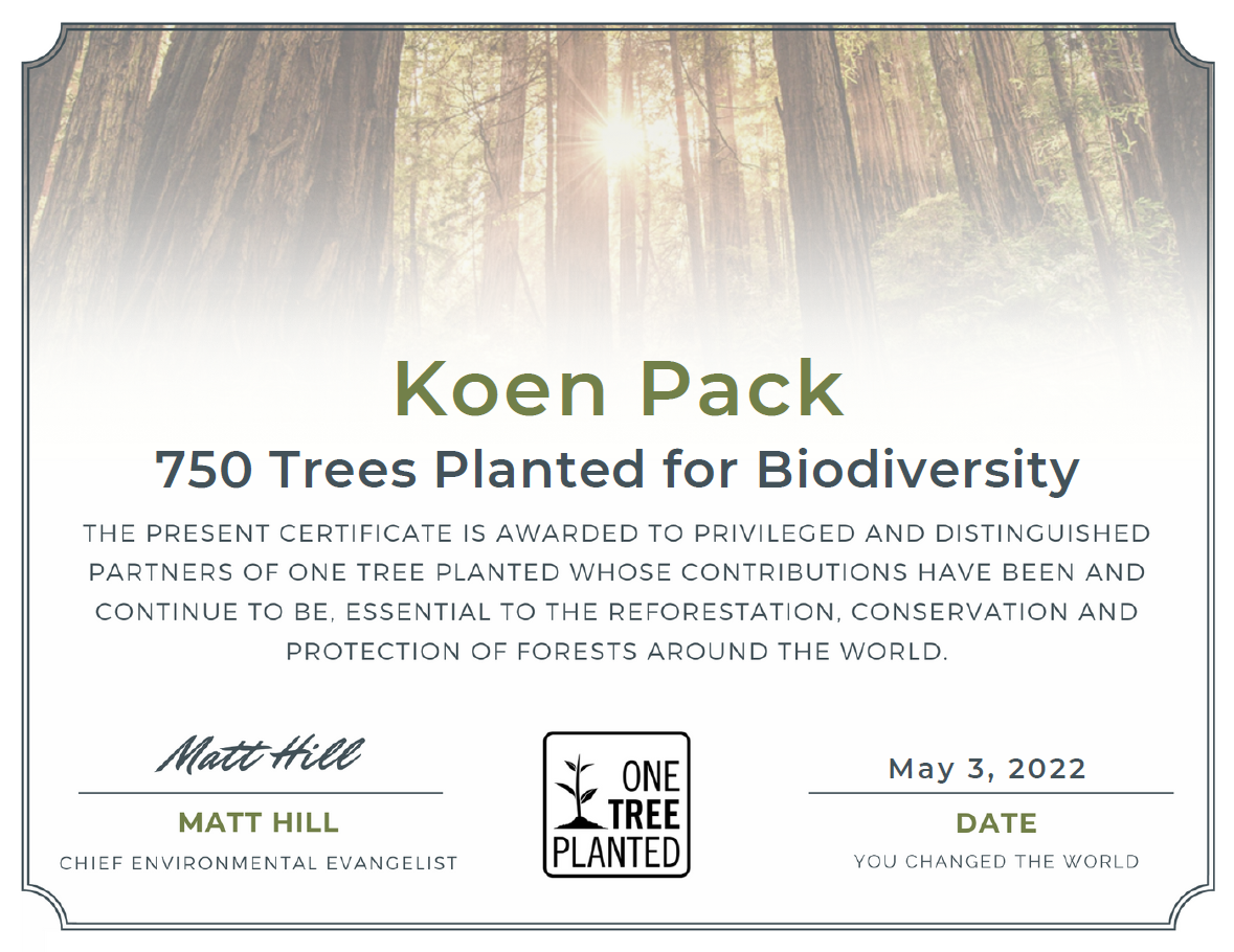 Certificate One Tree Planted for Biodiversity